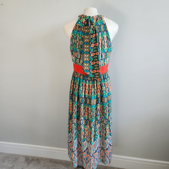 Eliza J Pleated Smocked Orange and Green Resort Maxi Dress - Picture 3 of 13